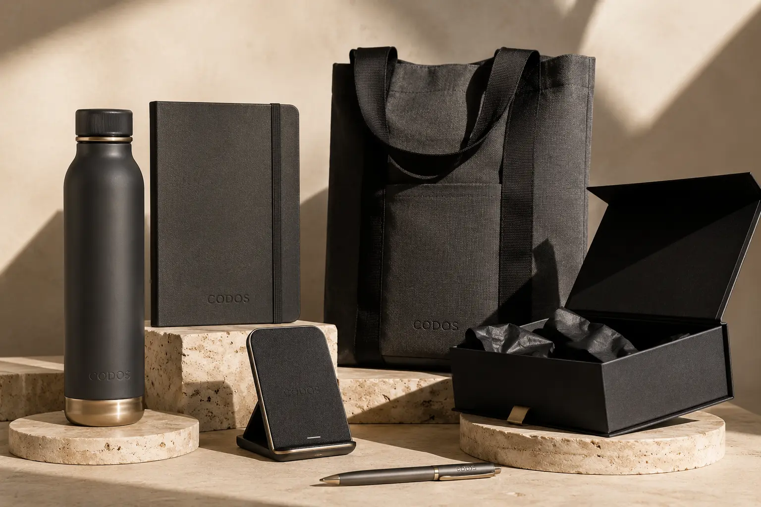 Concept di gadget aziendali premium con personalizzazione coordinata