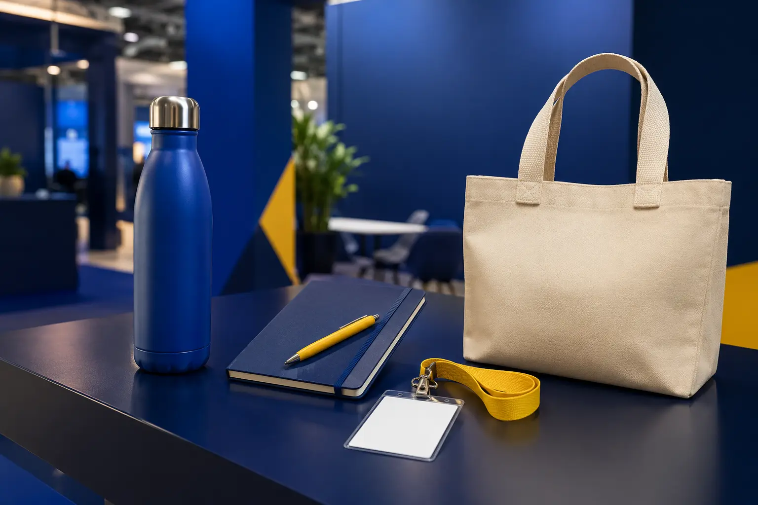 Ispirazione di kit fieristico con borraccia, taccuino, penna, lanyard e shopper su banco espositivo