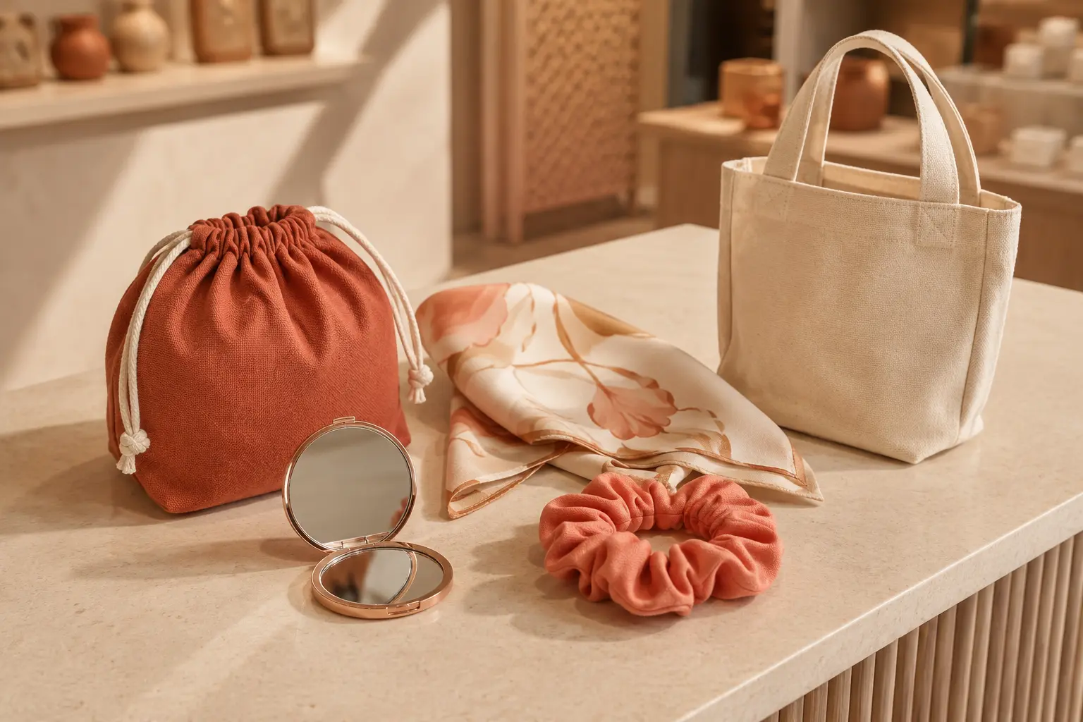 Ispirazione di pochette, specchietto, foulard e shopper per omaggi ai clienti di negozi e centri estetici